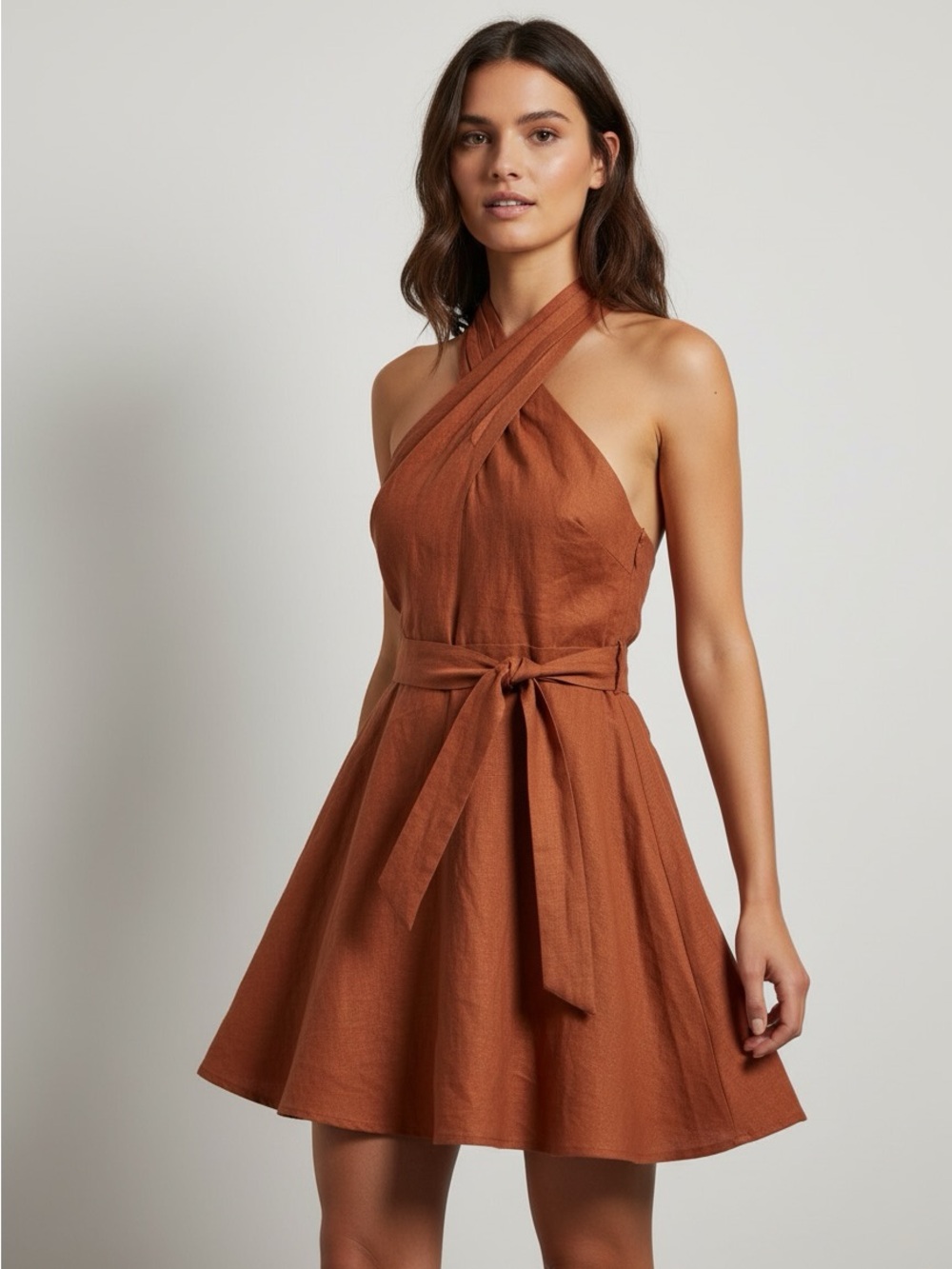 New RACHEL Rachel Roy Rust Cross-Neck Tie-Waist Mini Dress size 12